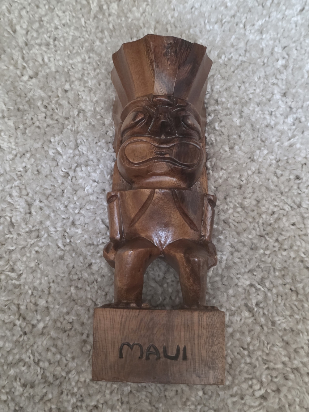 Hand-Carved Brown Wood Maui Tiki Statue - Decorative Home Accent 10 Inches Tall.